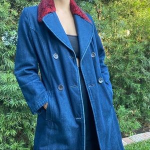 French Vintage Denim Trench with Red Fur Collar